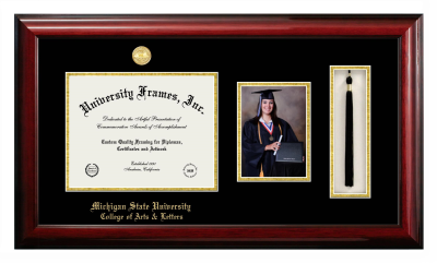 Michigan State University College of Arts & Letters Diploma with 5 x 7 Portrait & Tassel Box Frame in Classic Mahogany with Black & Gold Mats for document: 8 1/2"h x 11"w  