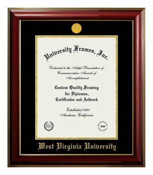 West Virginia University Diploma Frame in Classic Mahogany with Gold Trim with Black & Gold Mats for document: 14"h x 11"w  