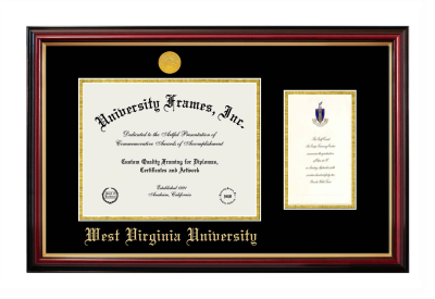 West Virginia University Diploma with Announcement Frame in Petite Mahogany with Gold Trim with Black & Gold Mats for document: 8 1/2"h x 11"w  , diploma: 7"h x 4"w  