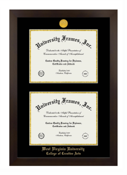 West Virginia University College of Creative Arts Double Diploma Frame in Manhattan Espresso with Black & Gold Mats for document: 8 1/2"h x 11"w  , document: 8 1/2"h x 11"w  