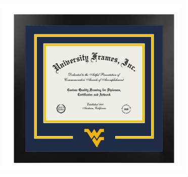 West Virginia University College of Law Logo Mat Frame in Manhattan Black with Navy Blue & Amber Mats for document: 8 1/2"h x 11"w  