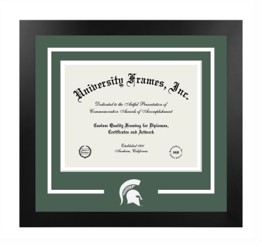 Michigan State University College of Osteopathic Medicine Logo Mat Frame in Manhattan Black with Forest Green & White Mats for document: 8 1/2"h x 11"w  
