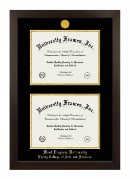 West Virginia University Eberly College of Arts and Sciences Double Diploma Frame in Manhattan Espresso with Black & Gold Mats for document: 8 1/2"h x 11"w  , document: 8 1/2"h x 11"w  