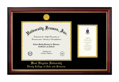West Virginia University Eberly College of Arts and Sciences Diploma with Announcement Frame in Petite Mahogany with Gold Trim with Black & Gold Mats for document: 8 1/2"h x 11"w  , diploma: 7"h x 4"w  