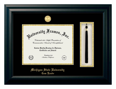 Michigan State University Cum Laude Diploma with Tassel Box Frame in Satin Black with Black & Gold Mats for document: 8 1/2"h x 11"w  