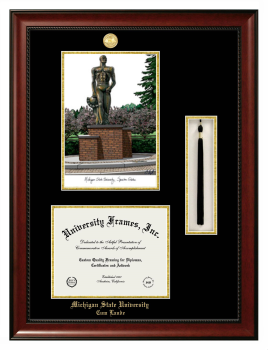 Michigan State University Cum Laude Double Opening with Campus Image & Tassel Box (Stacked) Frame in Avalon Mahogany with Black & Gold Mats for document: 8 1/2"h x 11"w  