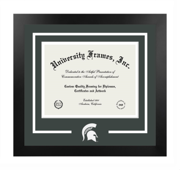 Michigan State University Honors College Logo Mat Frame in Manhattan Black with Forest Green & White Mats for document: 8 1/2"h x 11"w  