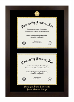 Michigan State University James Madison College Double Diploma Frame in Manhattan Espresso with Black & Gold Mats for document: 8 1/2"h x 11"w  , document: 8 1/2"h x 11"w  