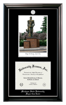 Michigan State University Magna Cum Laude Double Opening with Campus Image (Stacked) Frame in Classic Ebony with Silver Trim with Black & Silver Mats for document: 8 1/2"h x 11"w  