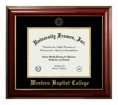 Western Baptist College Diploma Frame in Classic Mahogany with Gold Trim with Black & Gold Mats for document: 8 1/2"h x 11"w  