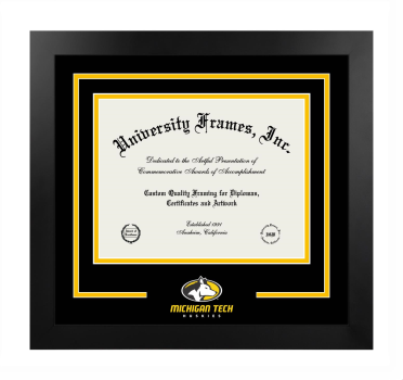Michigan Technological University College of Sciences and Arts Logo Mat Frame in Manhattan Black with Black & Amber Mats for document: 8 1/2"h x 11"w  