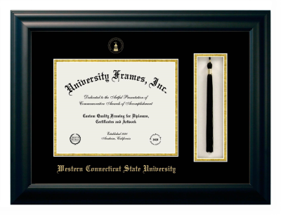Western Connecticut State University Diploma with Tassel Box Frame in Satin Black with Black & Gold Mats for document: 8 1/2"h x 11"w  
