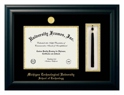Michigan Technological University School of Technology Diploma with Tassel Box Frame in Satin Black with Black & Gold Mats for document: 8 1/2"h x 11"w  
