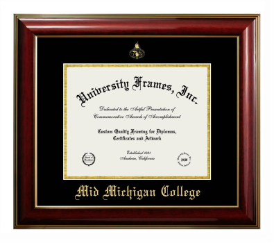 Mid Michigan College Diploma Frame in Classic Mahogany with Gold Trim with Black & Gold Mats for document: 8 1/2"h x 11"w  