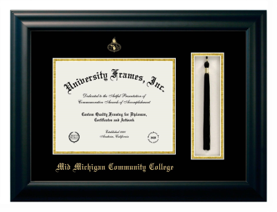 Mid Michigan Community College Diploma with Tassel Box Frame in Satin Black with Black & Gold Mats for document: 8 1/2"h x 11"w  