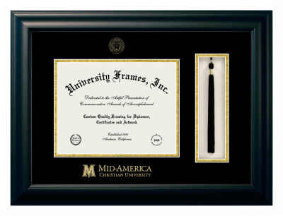 Mid-America Christian University Diploma with Tassel Box Frame in Satin Black with Black & Gold Mats for document: 8 1/2"h x 11"w  