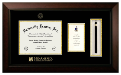 Mid-America Christian University Diploma with Announcement & Tassel Box Frame in Legacy Black Cherry with Black & Gold Mats for document: 8 1/2"h x 11"w  , diploma: 7"h x 4"w  