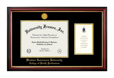 Western Governors University College of Health Professions Diploma with Announcement Frame in Petite Mahogany with Gold Trim with Black & Gold Mats for document: 8 1/2"h x 11"w  , diploma: 7"h x 4"w  