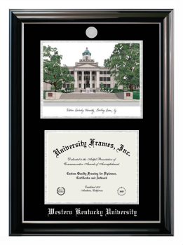 Western Kentucky University Double Opening with Campus Image (Stacked) Frame in Classic Ebony with Silver Trim with Black & Silver Mats for document: 8 1/2"h x 11"w  