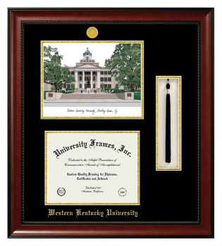Western Kentucky University Double Opening with Campus Image & Tassel Box (Stacked) Frame in Avalon Mahogany with Black & Gold Mats for document: 8 1/2"h x 11"w  