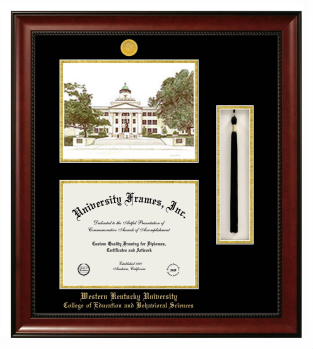 Western Kentucky University College of Education and Behavioral Sciences Double Opening with Campus Image & Tassel Box (Stacked) Frame in Avalon Mahogany with Black & Gold Mats for document: 8 1/2"h x 11"w  