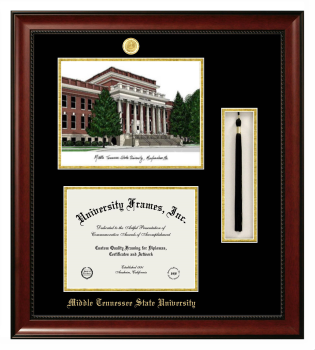 Middle Tennessee State University Double Opening with Campus Image & Tassel Box (Stacked) Frame in Avalon Mahogany with Black & Gold Mats for document: 8 1/2"h x 11"w  