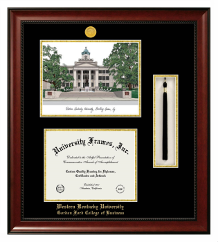 Western Kentucky University Gordon Ford College of Business Double Opening with Campus Image & Tassel Box (Stacked) Frame in Avalon Mahogany with Black & Gold Mats for document: 8 1/2"h x 11"w  