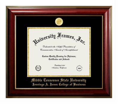 Middle Tennessee State University Jennings A. Jones College of Business Diploma Frame in Classic Mahogany with Gold Trim with Black & Gold Mats for document: 8 1/2"h x 11"w  