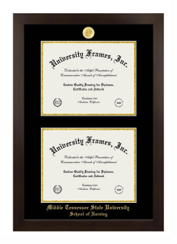Middle Tennessee State University School of Nursing Double Diploma Frame in Manhattan Espresso with Black & Gold Mats for document: 8 1/2"h x 11"w  , document: 8 1/2"h x 11"w  