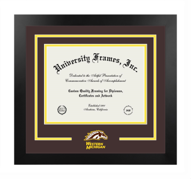 Western Michigan University Logo Mat Frame in Manhattan Black with Brown & Yellow Mats for document: 8 1/2"h x 11"w  