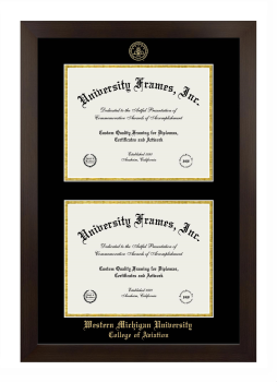 Western Michigan University College of Aviaton Double Diploma Frame in Manhattan Espresso with Black & Gold Mats for document: 8 1/2"h x 11"w  , document: 8 1/2"h x 11"w  