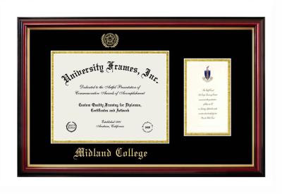 Midland College Diploma with Announcement Frame in Petite Mahogany with Gold Trim with Black & Gold Mats for document: 8 1/2"h x 11"w  , diploma: 7"h x 4"w  