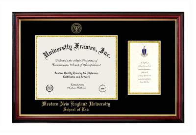 Western New England University School of Law Diploma with Announcement Frame in Petite Mahogany with Gold Trim with Black & Gold Mats for document: 8 1/2"h x 11"w  , diploma: 7"h x 4"w  