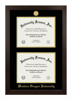 Western Oregon University Double Diploma Frame in Manhattan Espresso with Black & Gold Mats for document: 8 1/2"h x 11"w  , document: 8 1/2"h x 11"w  