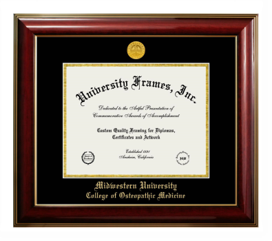 Midwestern University College of Osteopathic Medicine (Glendale, AZ) Diploma Frame in Classic Mahogany with Gold Trim with Black & Gold Mats for document: 8 1/2"h x 11"w  