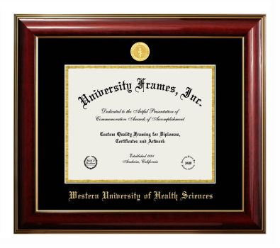 Western University of Health Sciences Diploma Frame in Classic Mahogany with Gold Trim with Black & Gold Mats for document: 8 1/2"h x 11"w  