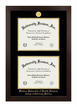 Western University of Health Sciences College of Veterinary Medicine Double Diploma Frame in Manhattan Espresso with Black & Gold Mats for document: 8 1/2"h x 11"w  , document: 8 1/2"h x 11"w  
