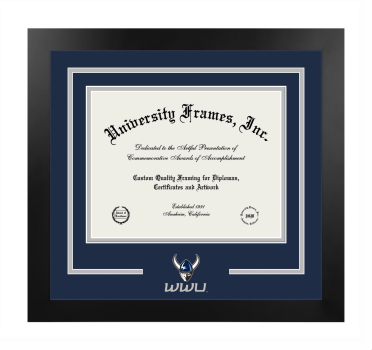 Western Washington University Logo Mat Frame in Manhattan Black with Navy Blue & Gray Mats for document: 8 1/2"h x 11"w  