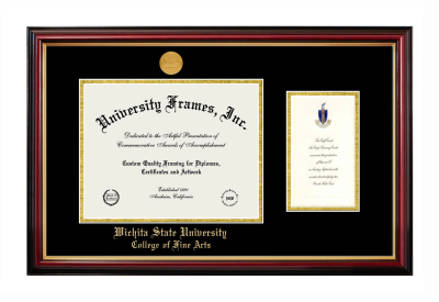 Wichita State University College of Fine Arts Diploma with Announcement Frame in Petite Mahogany with Gold Trim with Black & Gold Mats for document: 8 1/2"h x 11"w  , diploma: 7"h x 4"w  