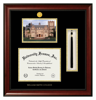 William Smith College Double Opening with Campus Image & Tassel Box (Stacked) Frame in Avalon Mahogany with Black & Gold Mats for document: 8 1/2"h x 11"w  
