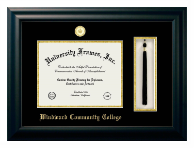 Windward Community College Diploma with Tassel Box Frame in Satin Black with Black & Gold Mats for document: 8 1/2"h x 11"w  