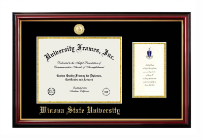Winona State University Diploma with Announcement Frame in Petite Mahogany with Gold Trim with Black & Gold Mats for document: 8 1/2"h x 11"w  , diploma: 7"h x 4"w  