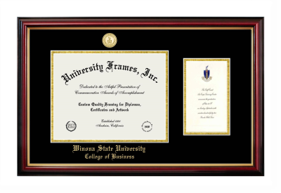 Winona State University College of Business Diploma with Announcement Frame in Petite Mahogany with Gold Trim with Black & Gold Mats for document: 8 1/2"h x 11"w  , diploma: 7"h x 4"w  