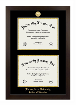 Winona State University College of Education Double Diploma Frame in Manhattan Espresso with Black & Gold Mats for document: 8 1/2"h x 11"w  , document: 8 1/2"h x 11"w  