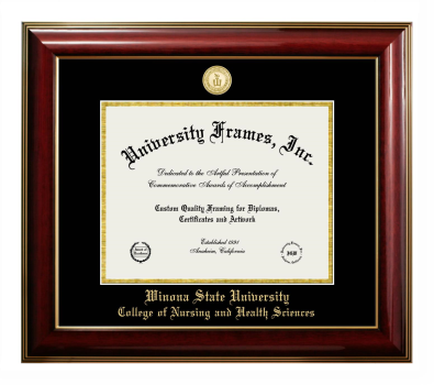 Winona State University College of Nursing and Health Sciences Diploma Frame in Classic Mahogany with Gold Trim with Black & Gold Mats for document: 8 1/2"h x 11"w  