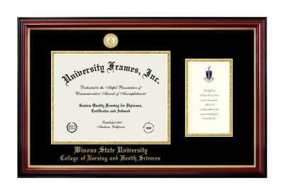 Winona State University College of Nursing and Health Sciences Diploma with Announcement Frame in Petite Mahogany with Gold Trim with Black & Gold Mats for document: 8 1/2"h x 11"w  , diploma: 7"h x 4"w  