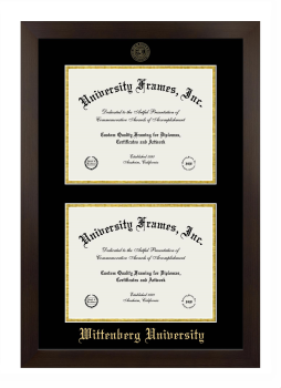 Wittenberg University Double Diploma Frame in Manhattan Espresso with Black & Gold Mats for document: 8 1/2"h x 11"w  , document: 8 1/2"h x 11"w  