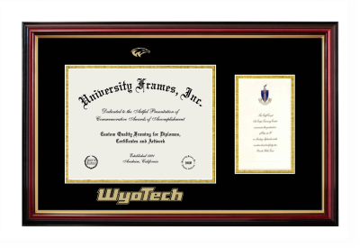 Wyotech Diploma with Announcement Frame in Petite Mahogany with Gold Trim with Black & Gold Mats for document: 8 1/2"h x 11"w  , diploma: 7"h x 4"w  