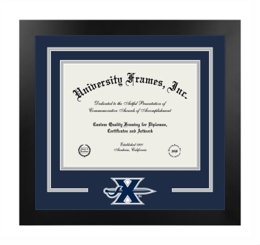 Xavier University Logo Mat Frame in Manhattan Black with Navy Blue & Gray Mats for document: 8 1/2"h x 11"w  