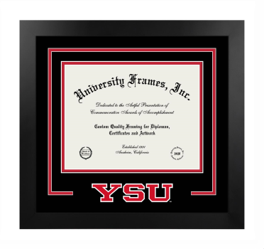 Youngstown State University Logo Mat Frame in Manhattan Black with Black & Red Mats for document: 8 1/2"h x 11"w  